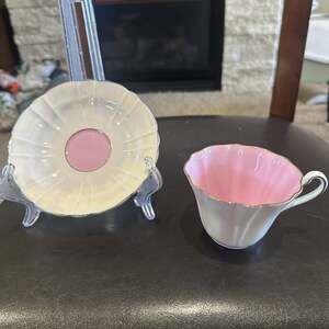 ROYAL STAFFORD TEA CUP AND SAUCER Harlequin. Pink Interior With Gold Gild Rim